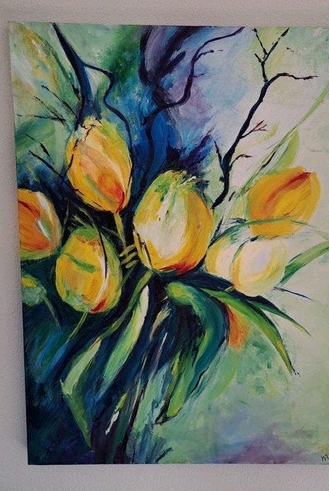 Expressief kleurrijk groot schilderij, 80x60xm., Ophalen