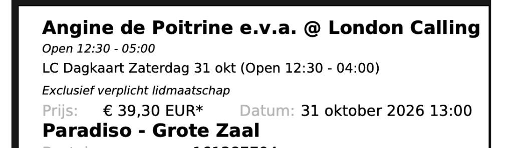 Angine de Poitrine, London Calling, Paradiso, Tickets en Kaartjes, Eén persoon, Oktober