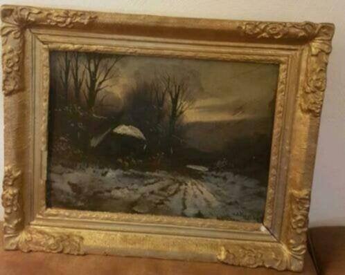 Olieverf winterlandschap avond schaapskooi schapen v d Kamp, Ophalen