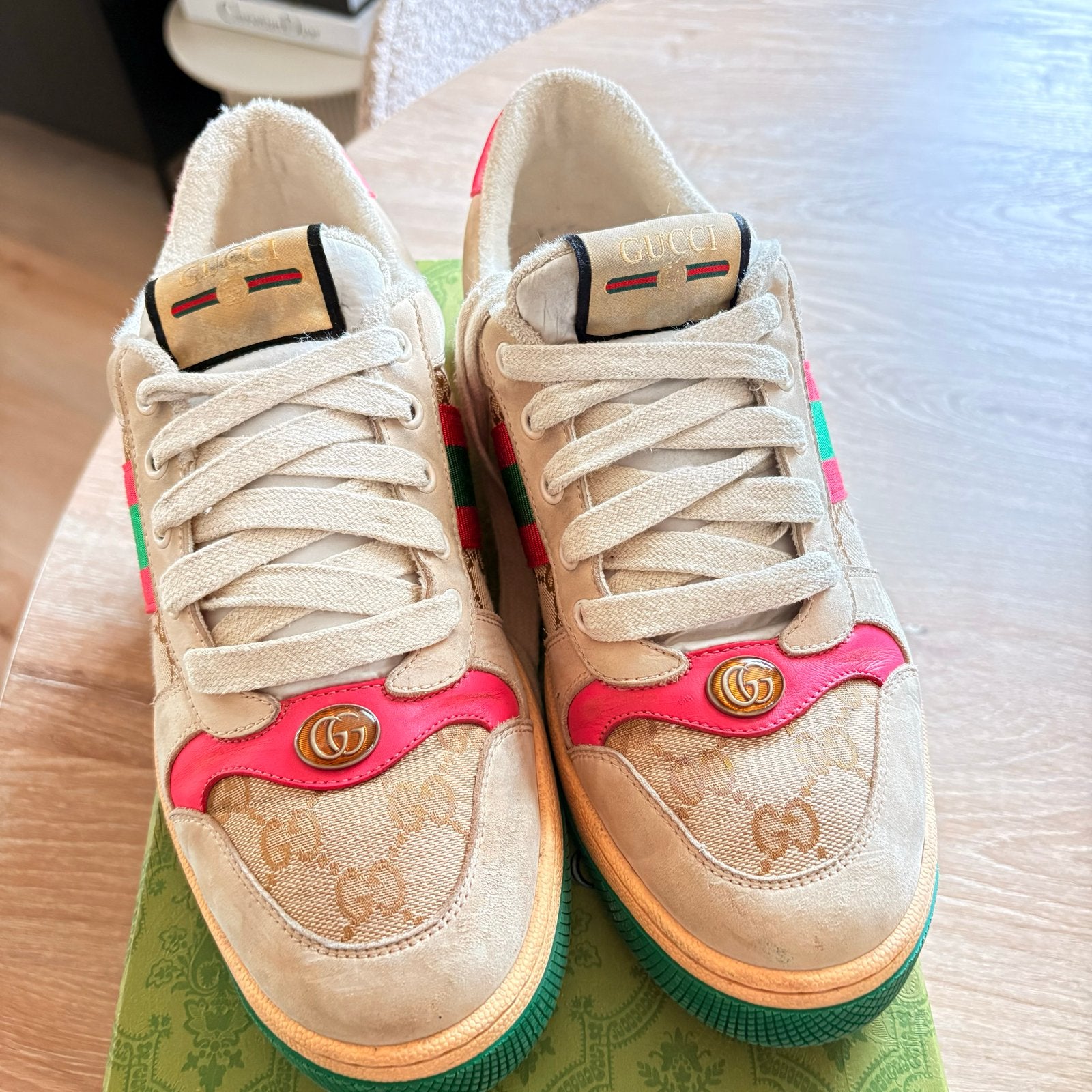 Gucci Screener Sneakers Beige/Roze Maat 40, Kleding | Dames, Verzenden, Gedragen, Beige, Sneakers of Gympen