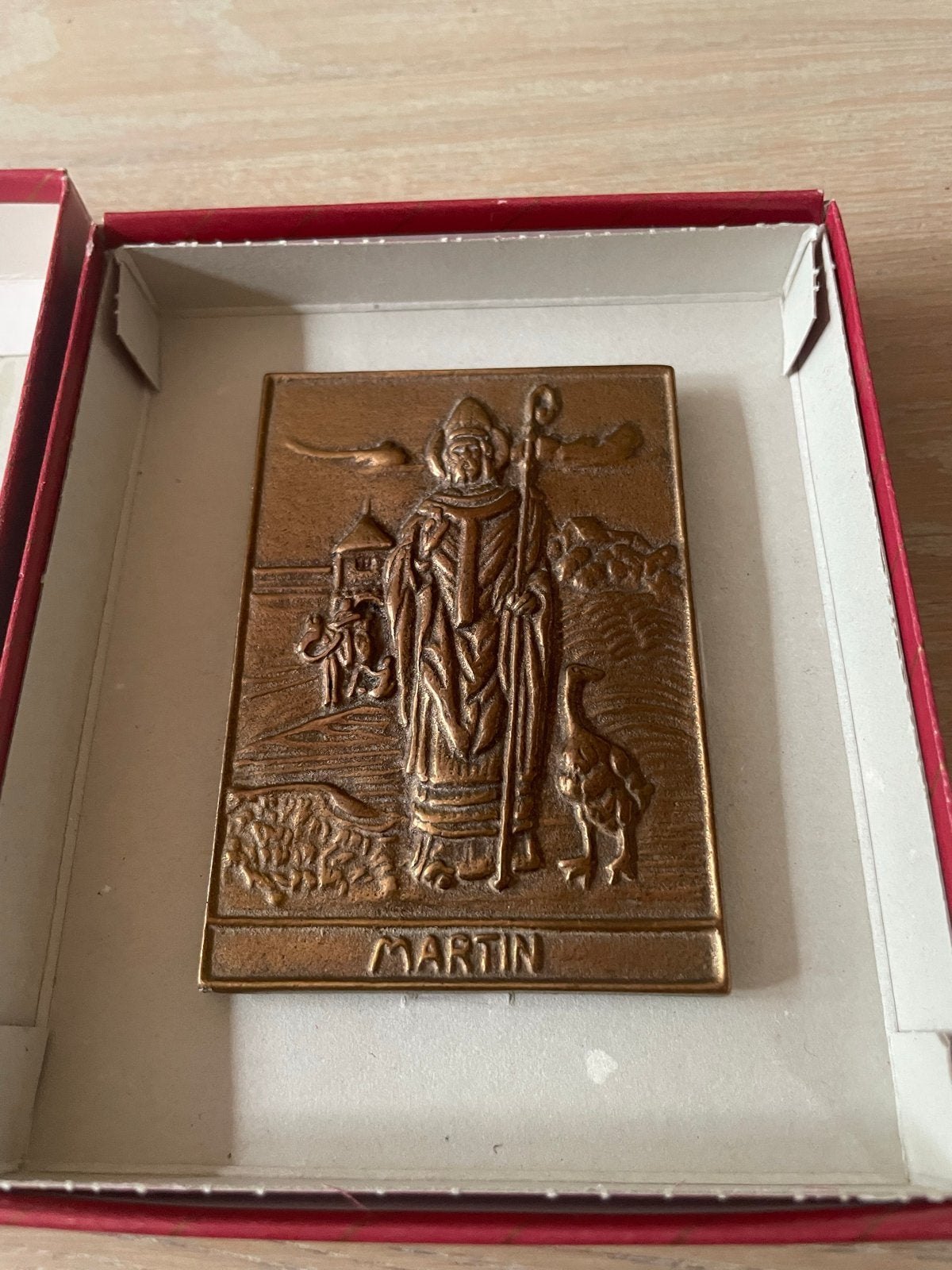 Bronzen Heiligenplaquette Sint-Maarten in Geschenkdoos, Ophalen of Verzenden
