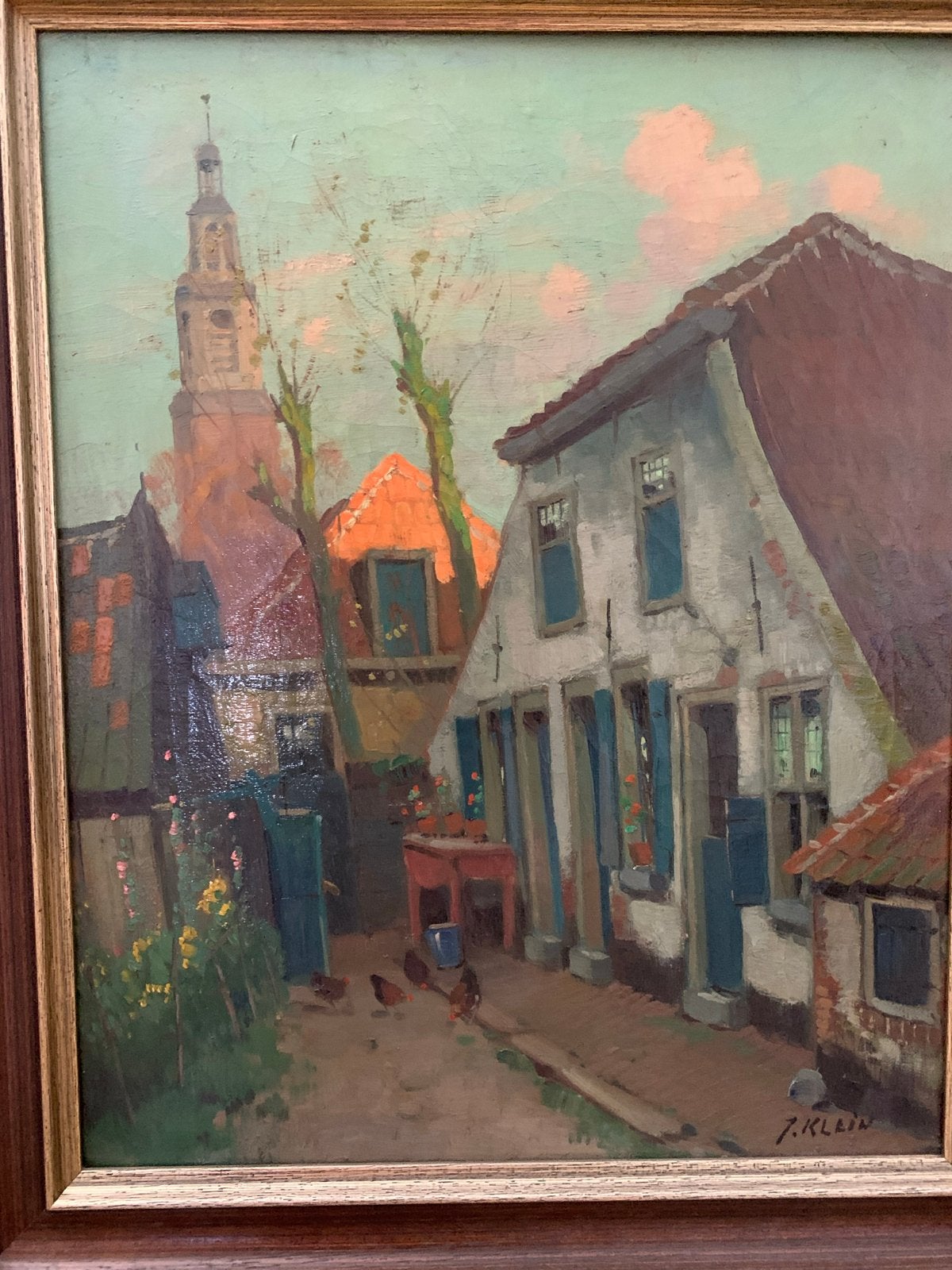 Oud Hollands Stadsgezicht + kerktoren in Nijkerk.gesigneerd, Antiek en Kunst, Ophalen, Doek, Realistisch, Gesigneerd