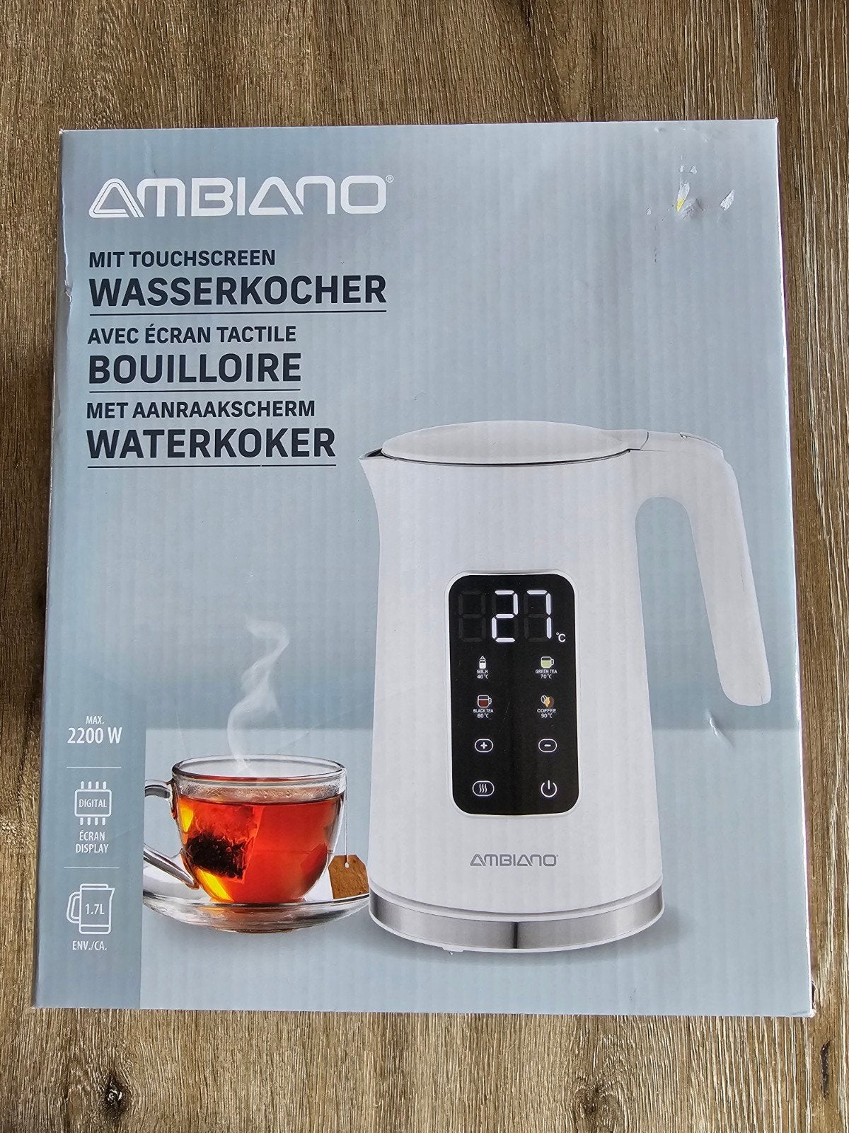 Ambiano Waterkoker met Touchscreen - 1.7L, 2200W, 1 tot 2 liter, Ophalen of Verzenden, Nieuw