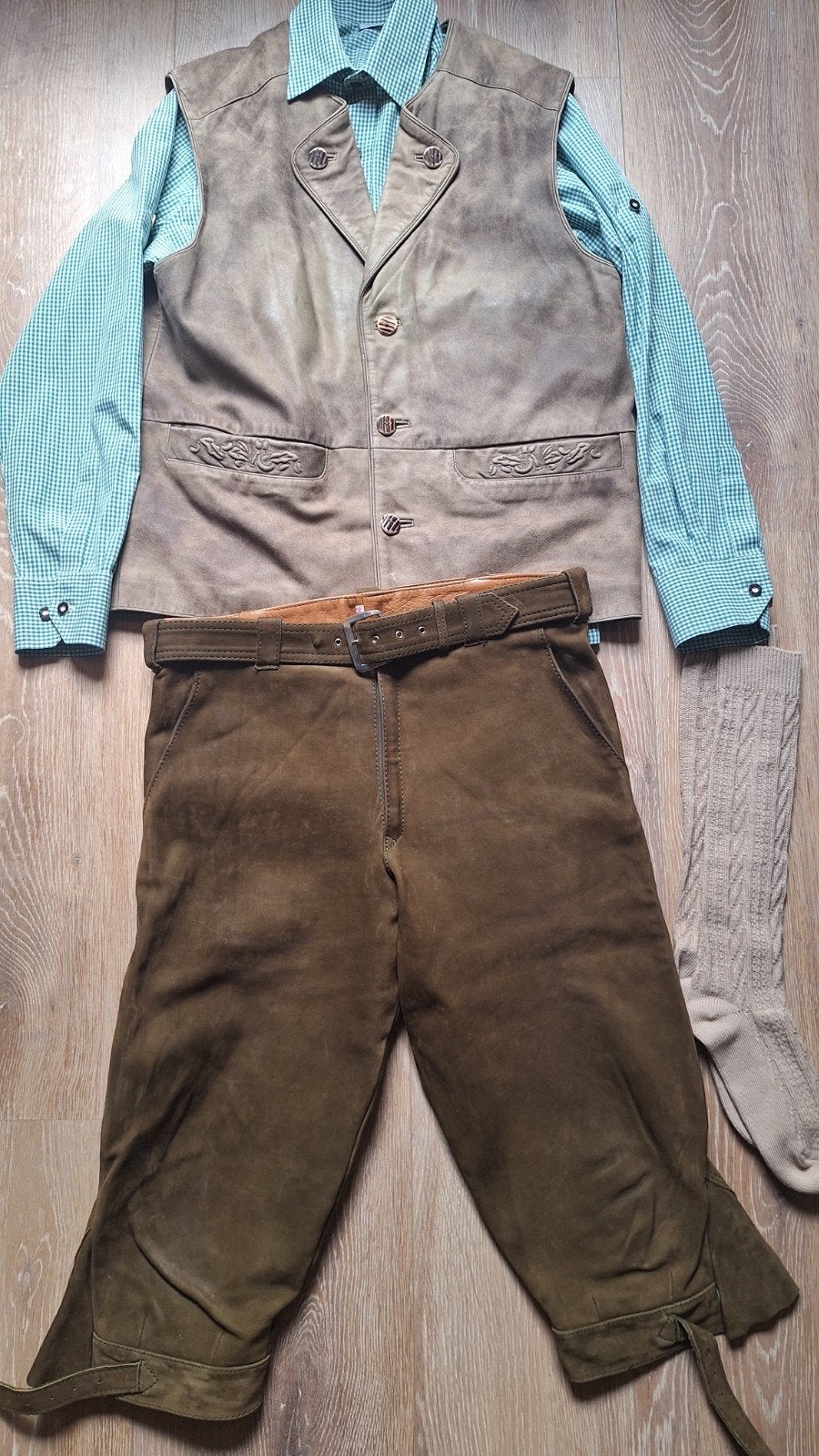 Lederhose 48 vest leer overhemd kousen oktoberfeest, Ophalen of Verzenden, Zo goed als nieuw, Maat 48/50 (M)