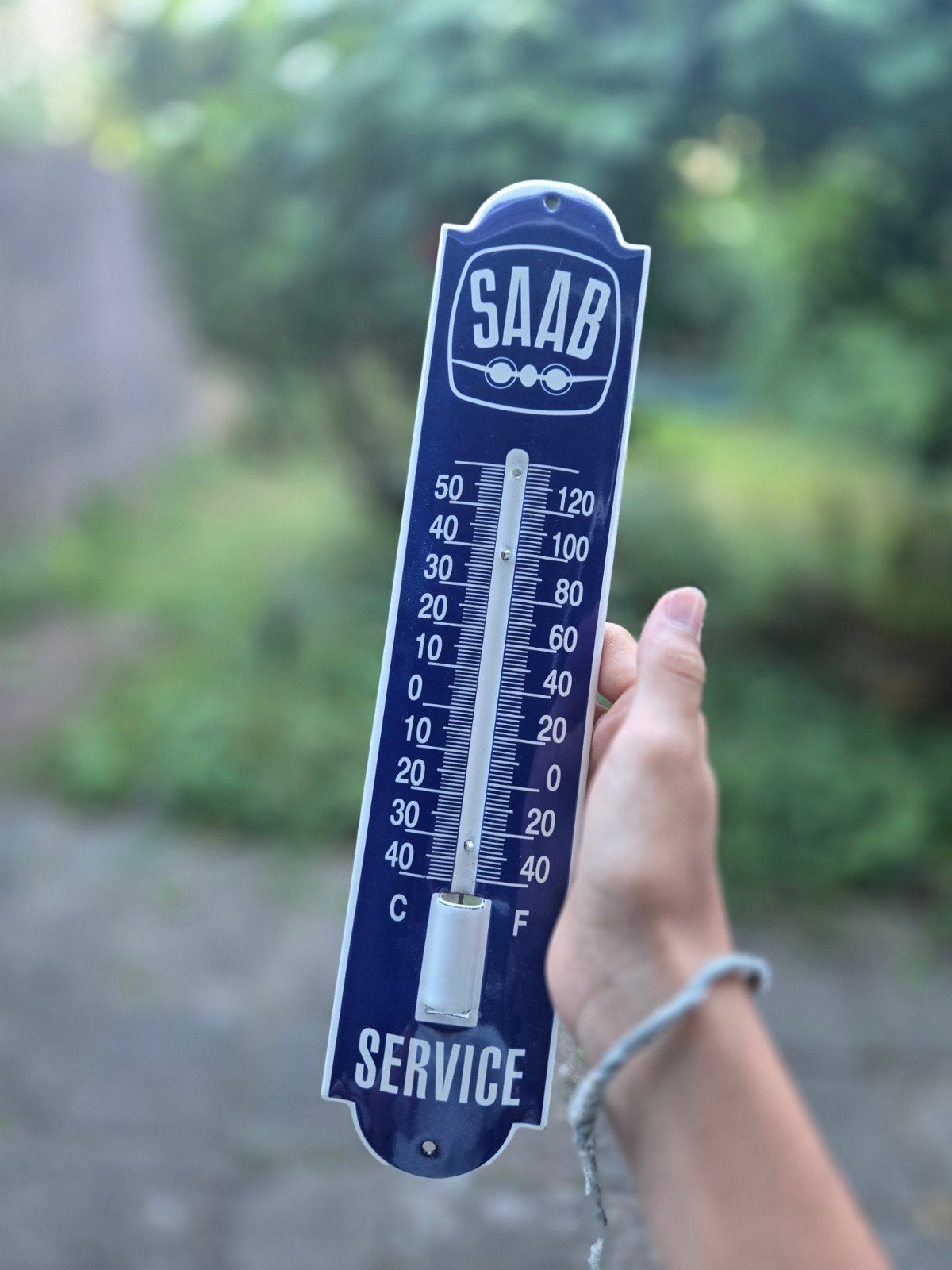 Vintage SAAB Service Emaille Thermometer - Nostalgisch, Buitenthermometer, Nieuw, Metaal, Ophalen of Verzenden