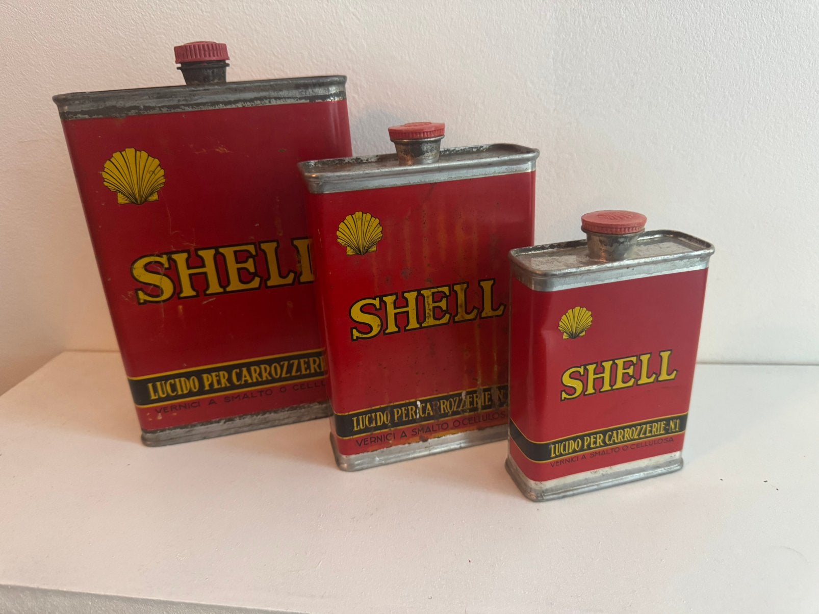 Super zeldzaam 3 st. Olie blikken Uit Italie Shell jaren 30, Ophalen of Verzenden, Gebruikt, Verpakking