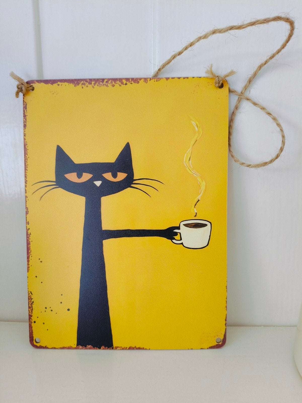 Poster op spaanplaat - Kat met koffie -, Ophalen of Verzenden, Nieuw, Meerkleurig, Hout