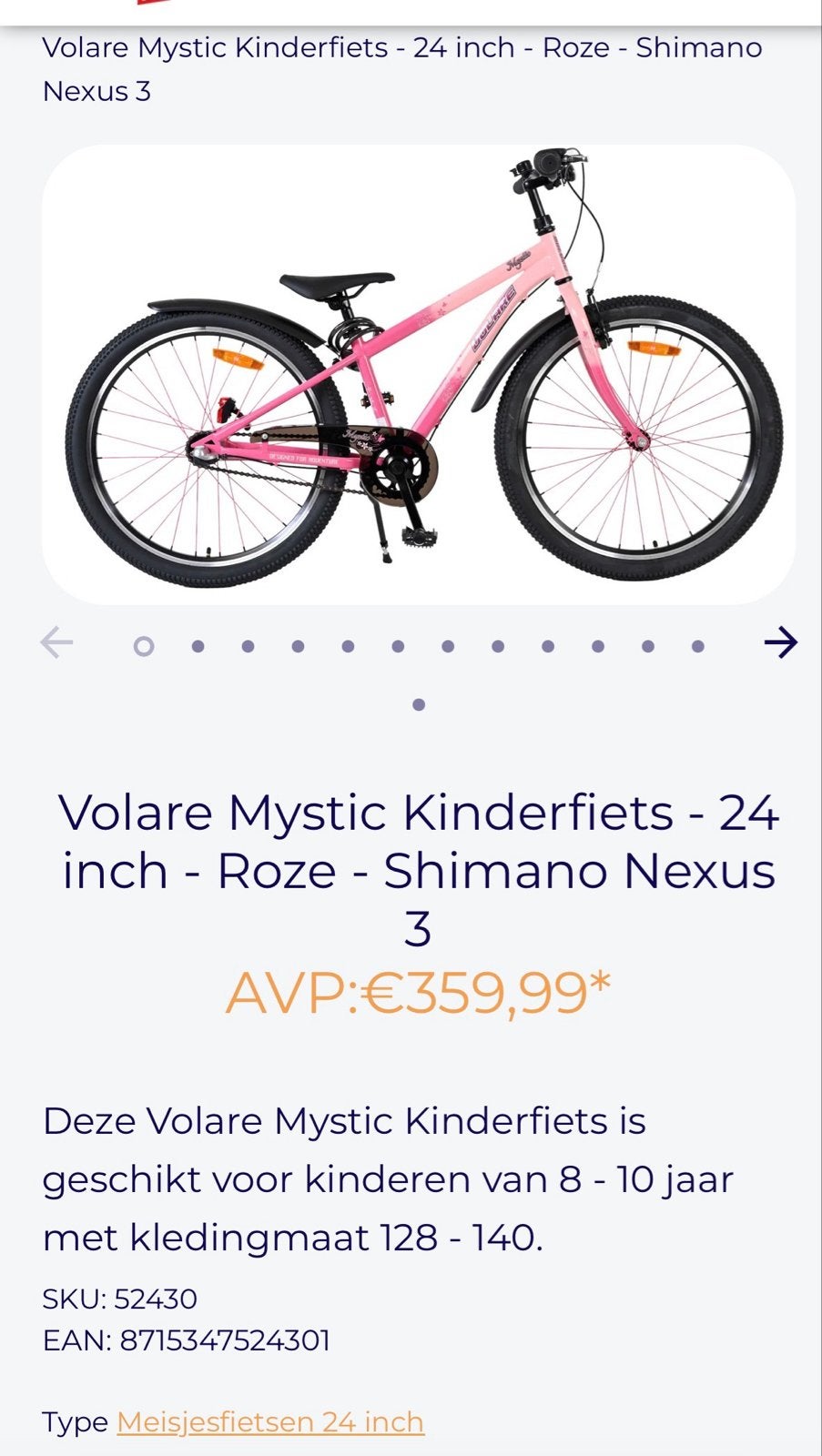 Volare Mystic Kinderfiets - 24 inch - Roze, 24 inch, Velgrem, Ophalen of Verzenden, Handrem
