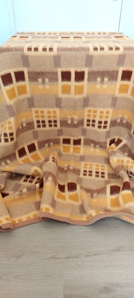 Vintage | Retro wollen deken 180x220 bruin oker, Eu, Eenpersoons, Bruin, Eu