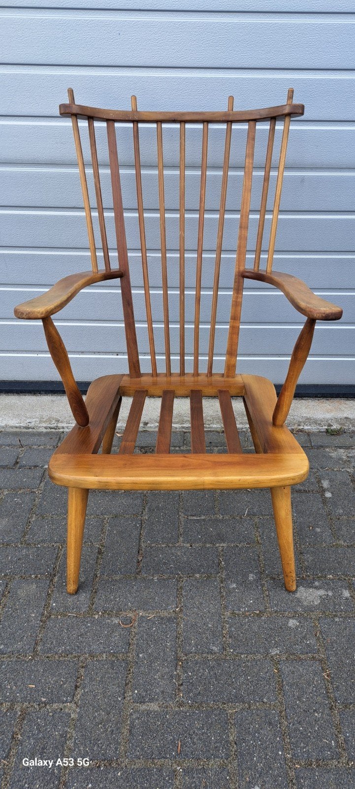 Vintage jaren '50 spijlenstoel - Houten fauteuil, Antiek en Kunst, Ophalen of Verzenden