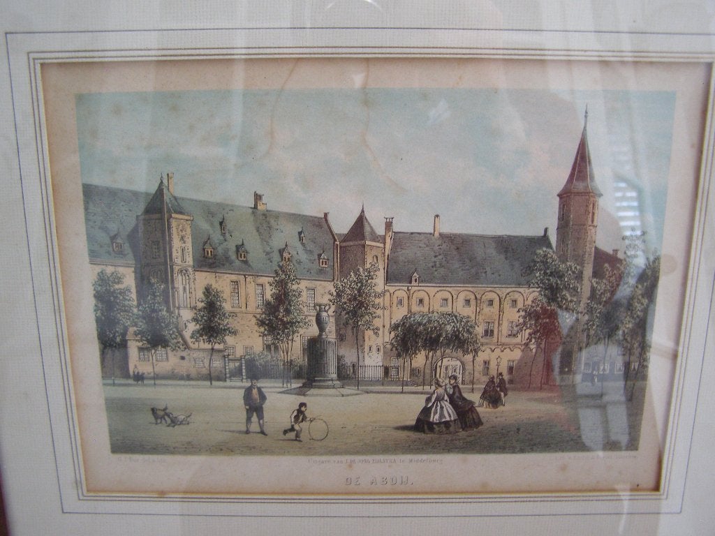 litho Abdij Middelburg G.J.Bos, gekleurd ingelijst 34x28 cm, Antiek en Kunst, Ophalen of Verzenden