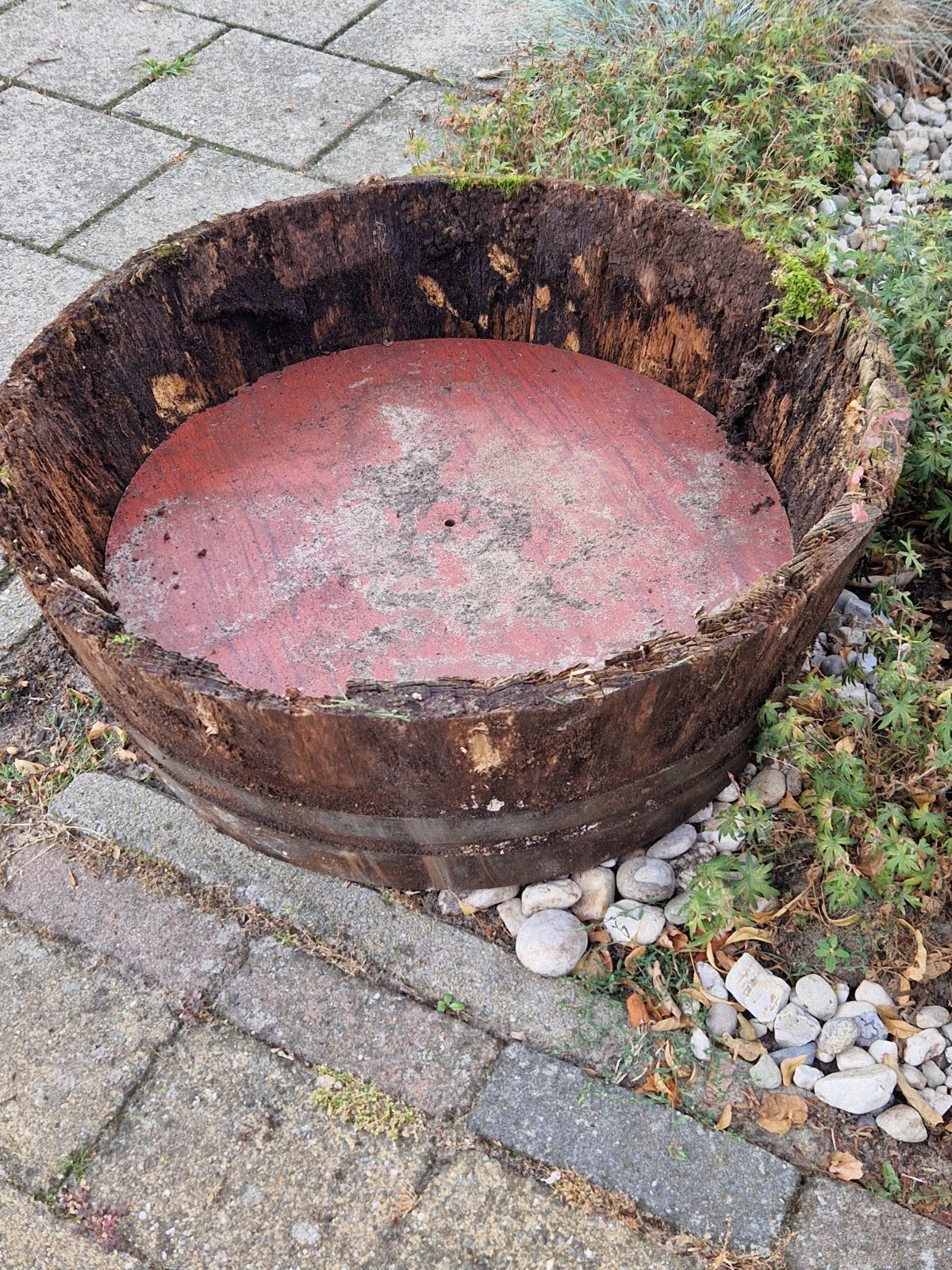 Vintage houten bloembak van wijnvat - Stevig & Uniek, Tuin en Terras, Bloembakken en Plantenbakken, Ophalen, Gebruikt, Rond, Balkon