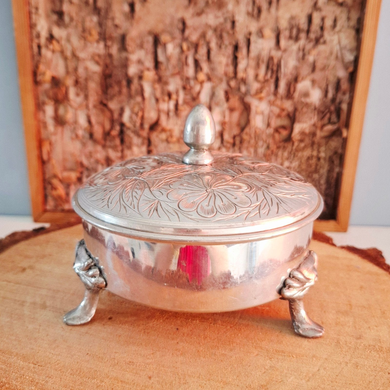 Vintage ronde dekseldoos op pootjes - zilvertin, Ophalen of Verzenden