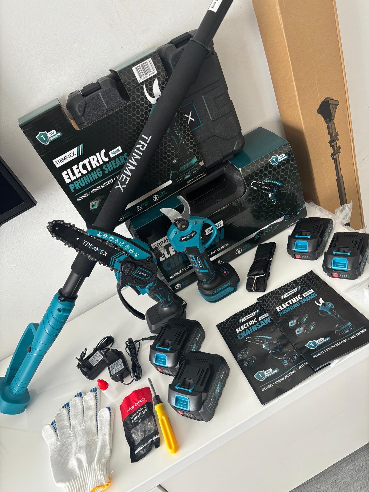 Trimmex minikettingzaag+snoeischaar+telescopsteel 4accuNieuw, Doe-het-zelf en Verbouw, Gereedschap | Handgereedschap, Nieuw, Snijgereedschap