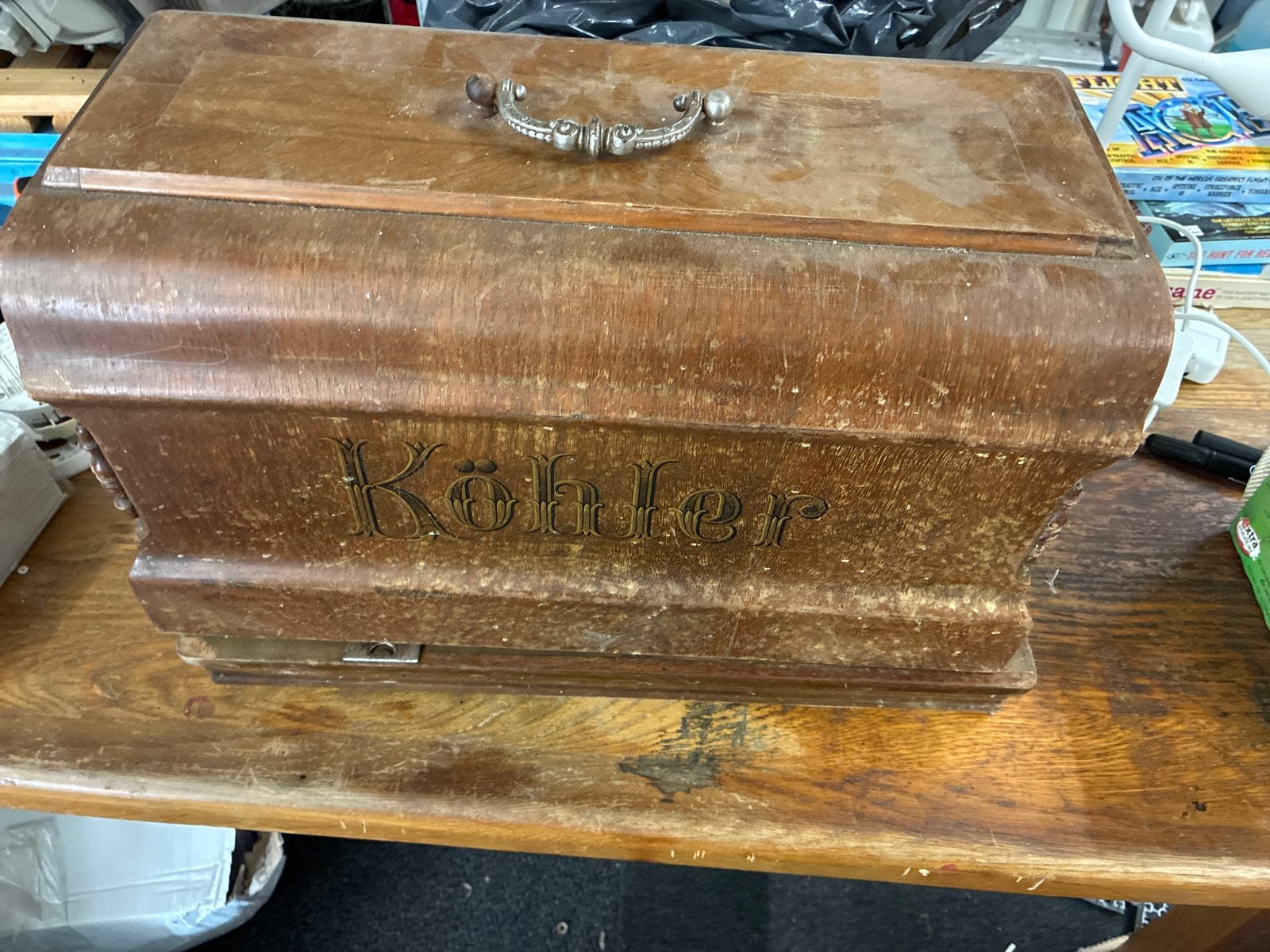 Antieke Köhler naaimachine in houten kist, Antiek en Kunst, Ophalen of Verzenden