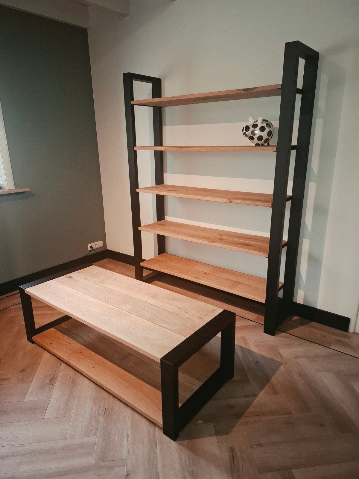 Industriële boekenkast & salontafel – massief eiken, Ophalen, 100 tot 150 cm, Nieuw, 50 tot 100 cm