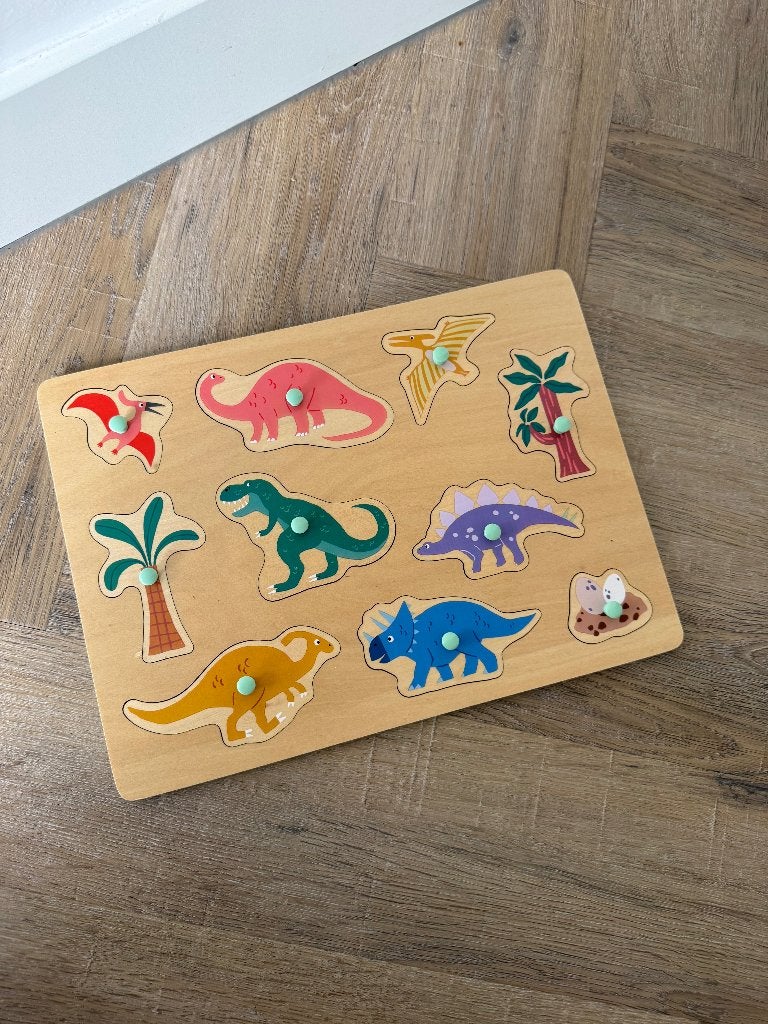 ZGAN houten peuter puzzel dinosaurus legpuzzel dino Hema set, Ophalen of Verzenden, Zo goed als nieuw, Van hout, Minder dan 10 stukjes