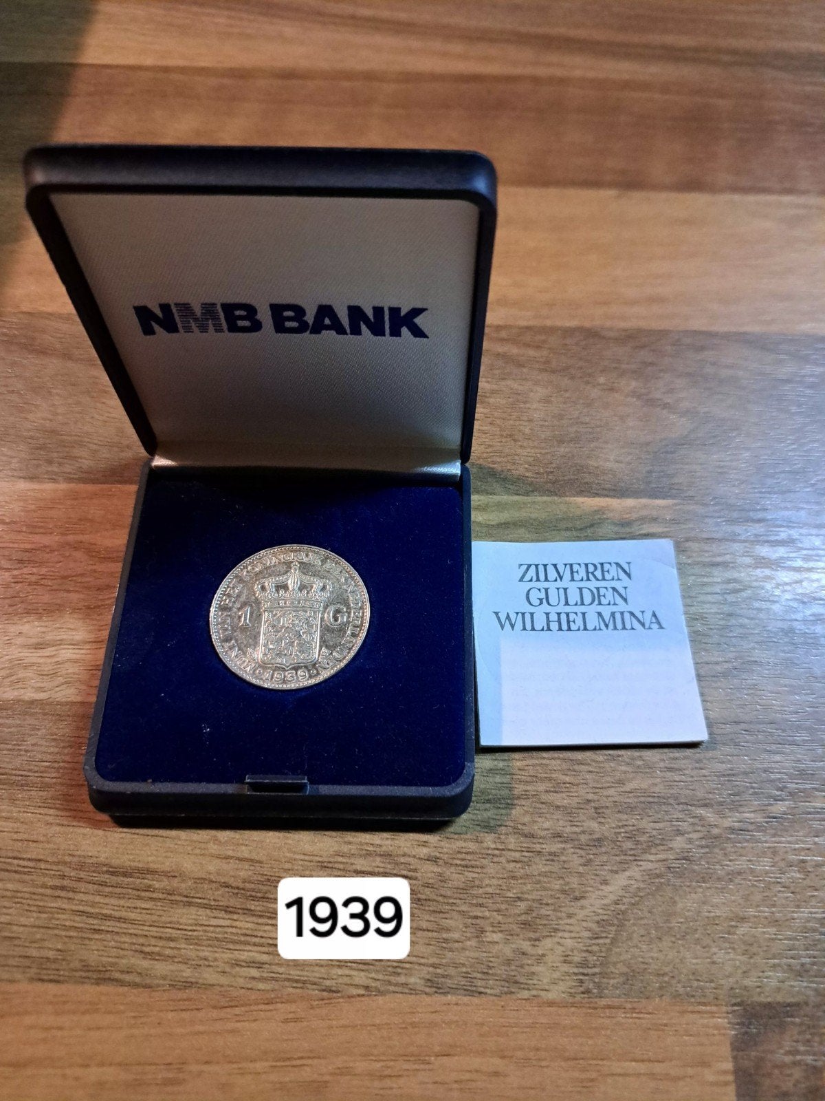 Zilveren Gulden Wilhelmina 1939 in NMB Bank doosje, 1 gulden, Zilver, Ophalen of Verzenden, Koningin Wilhelmina