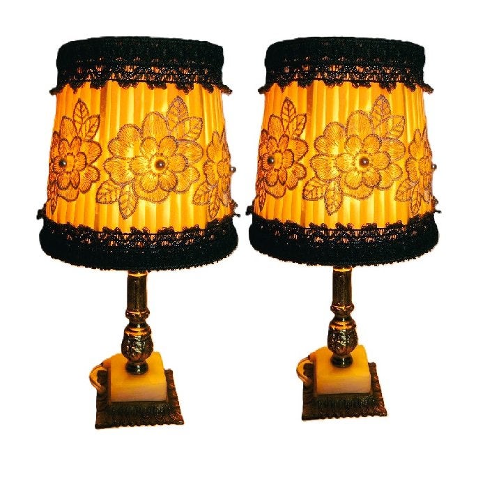 2 Brocante tafellampen antiek onyx steen - messing lamp voet, Verzenden