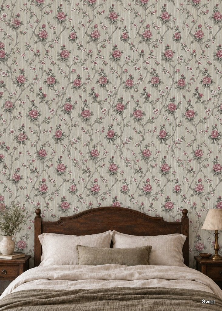 13680 Vintage behang met roze bloemen en groene takken swiet, Ophalen of Verzenden, Bruin