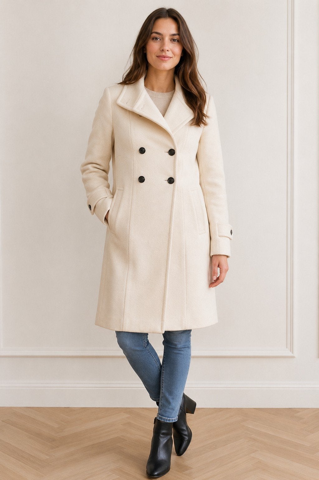 Heine Crèmekleurige Wollen Jas - Maat 34 (XS), Beige, Ophalen of Verzenden, Zo goed als nieuw, Maat 34 (XS) of kleiner