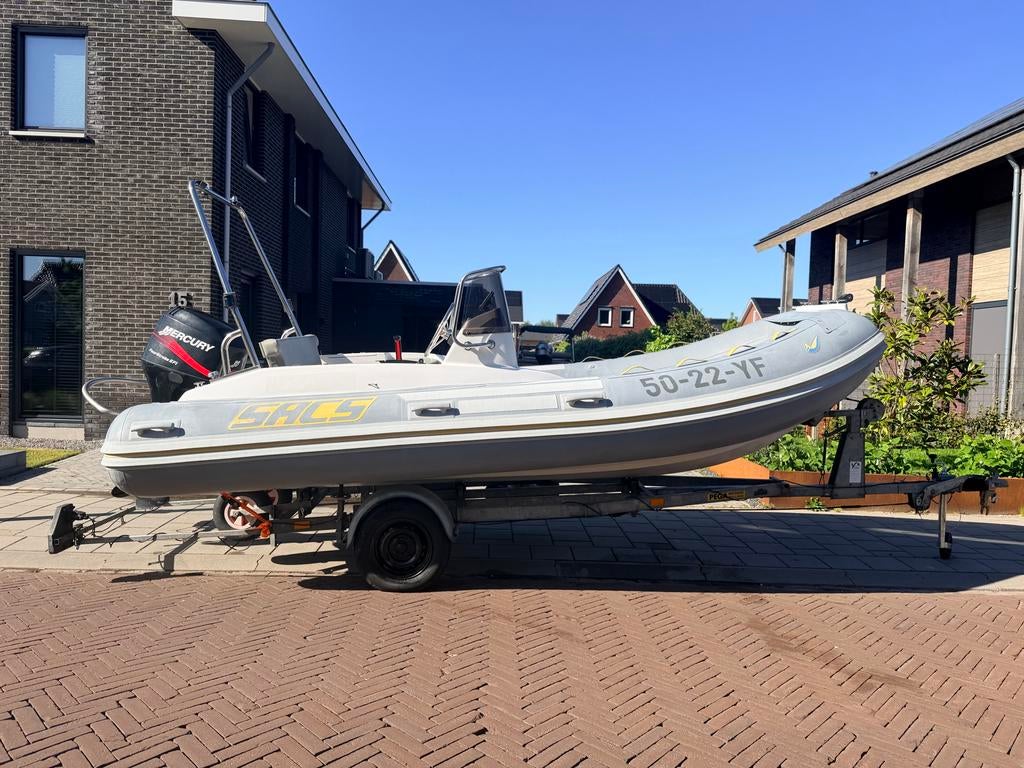 Sacs 475 Hypalon Rib met 60PK Mercury en PEGA trailer, Watersport en Boten, Gebruikt, 6 m, Brandstoftank, Ophalen