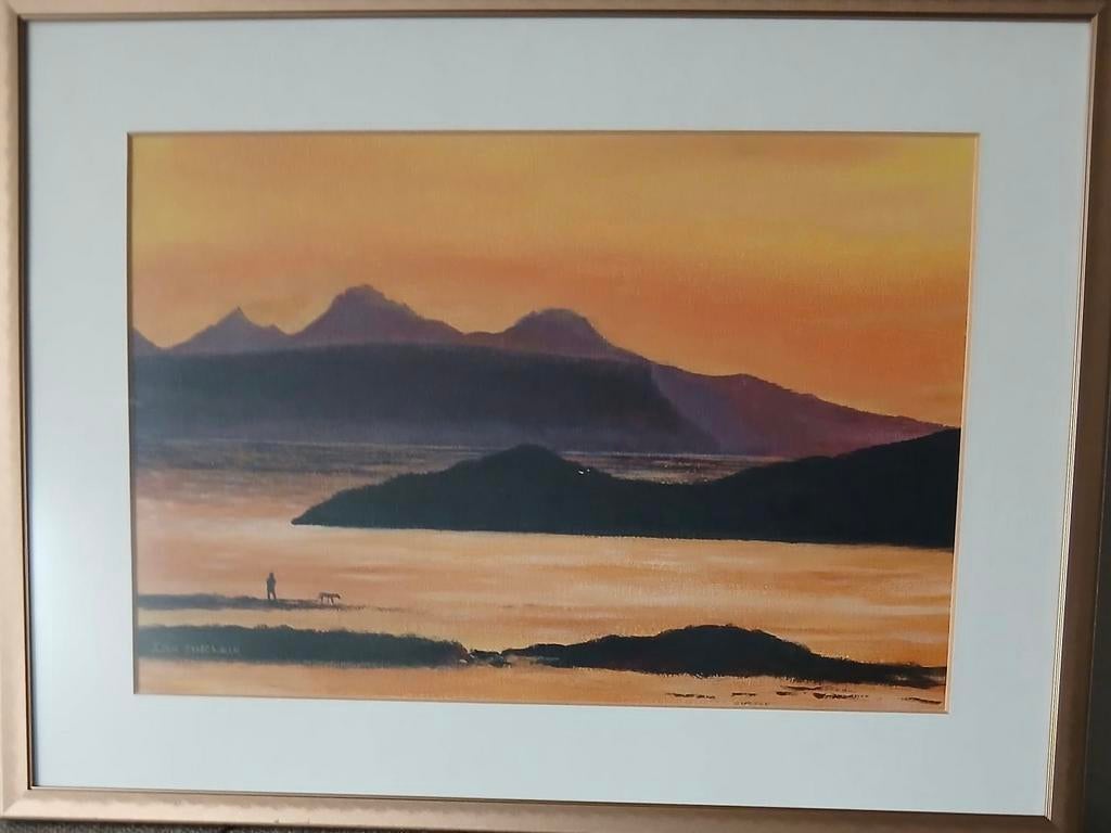 Schilderij: Zonsondergang boven het water met bergen, Antiek en Kunst, Ophalen of Verzenden