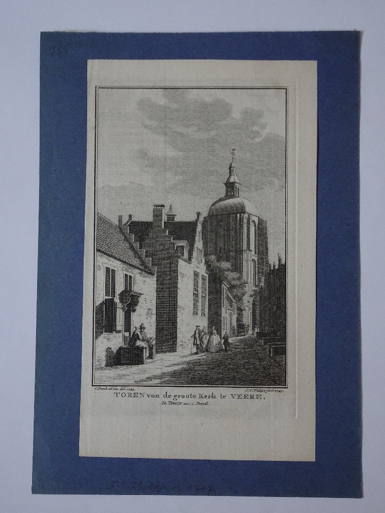 Gravure Toren van de grote kerk Veere, JC Philips, 1747, Verzenden, Stadsgezicht, Gravure, Origineel