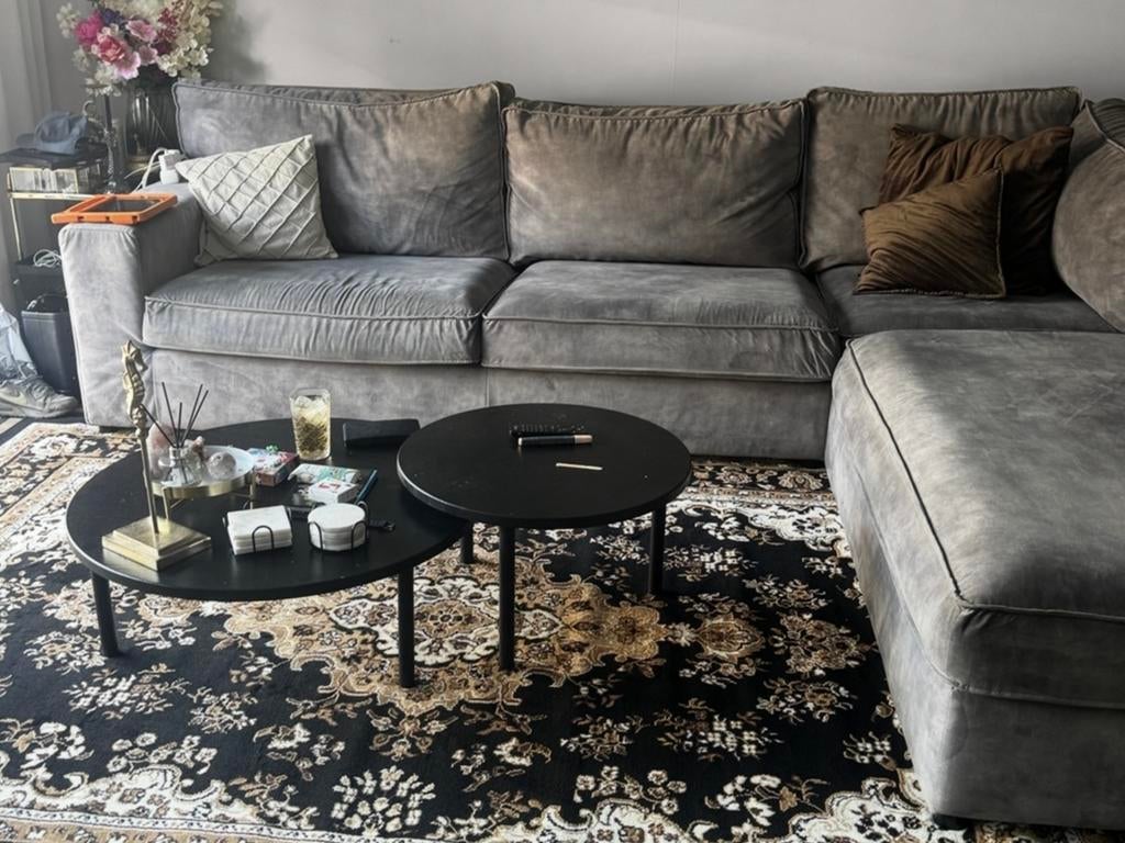 Prachtige grijze velvet hoekbank, Ophalen, Gebruikt, Hoekbank, 300 cm of meer