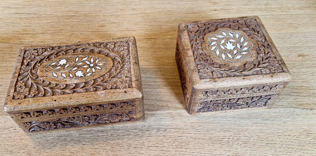 Set antieke handgesneden houten doosjes uit India, Ophalen of Verzenden