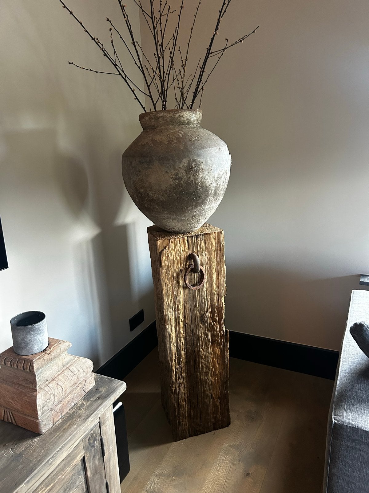 Robuuste houten meerpaal (excl. kruikpot) - 30x30x100 cm, Ophalen, Hout, Bruin, Landelijk