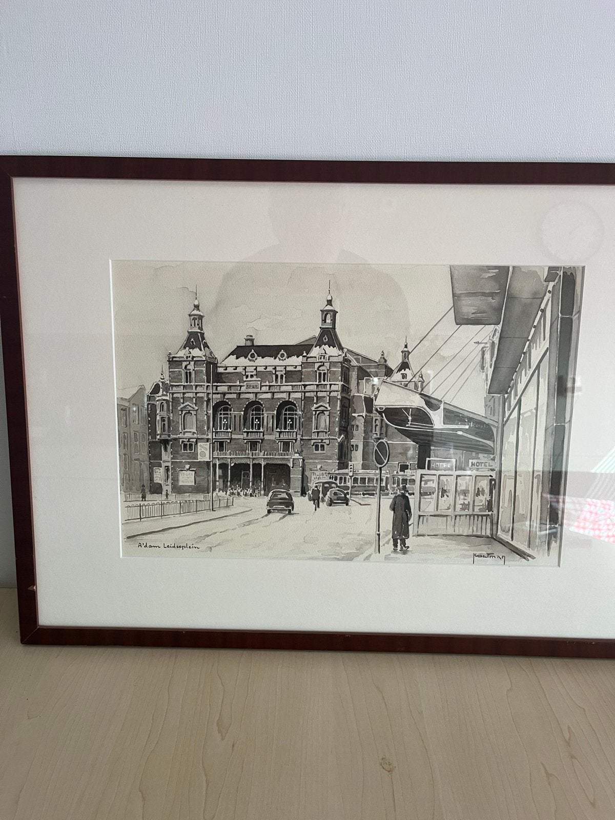 Ingelijste tekening van het Leidseplein, Amsterdam, Antiek en Kunst, Kunst | Tekeningen en Foto's, Ophalen of Verzenden, Tekening