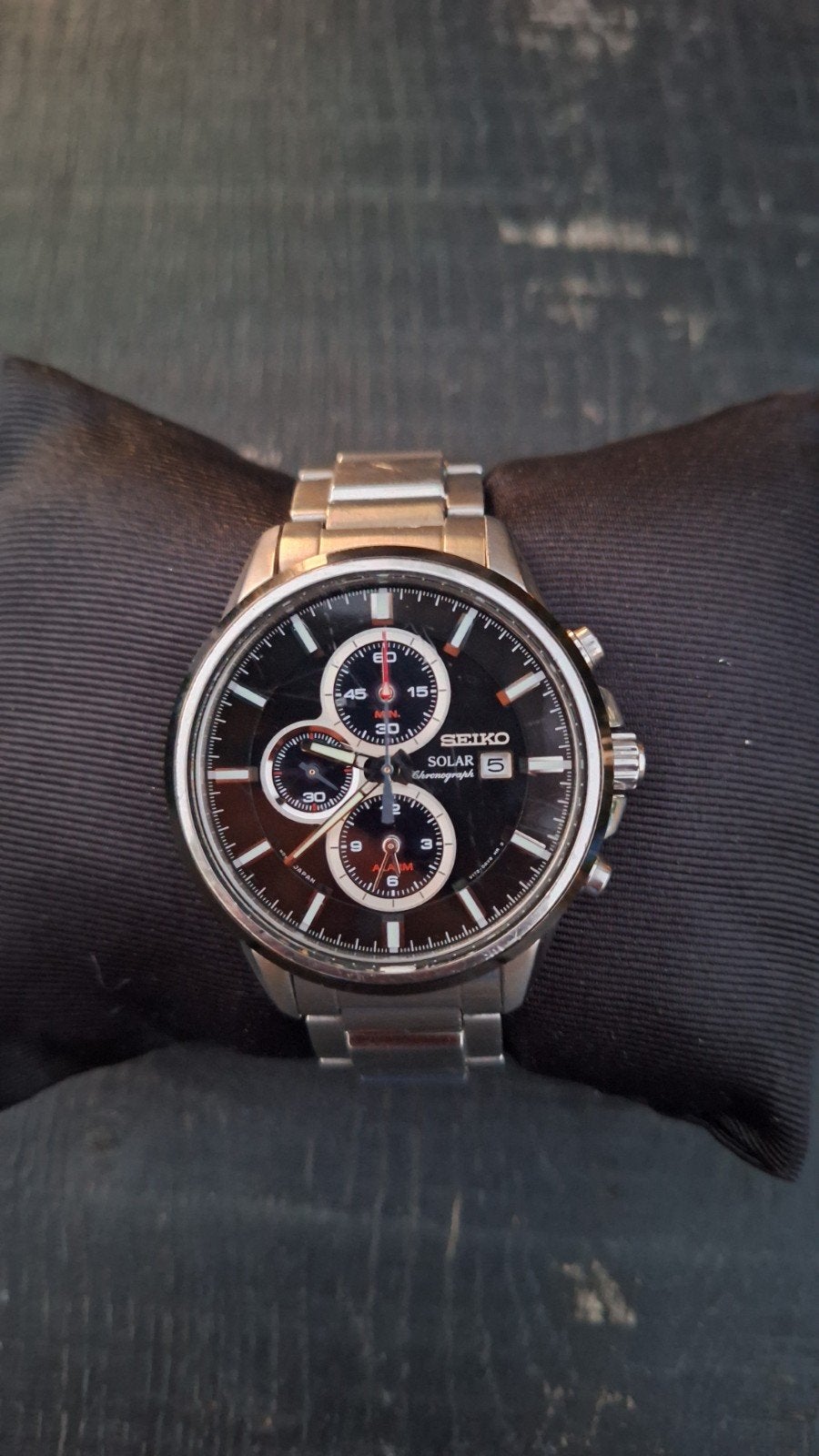 Seiko Solar Chronograaf Herenhorloge - Zwart/Zilver, Ophalen, Gebruikt, Staal, Polshorloge