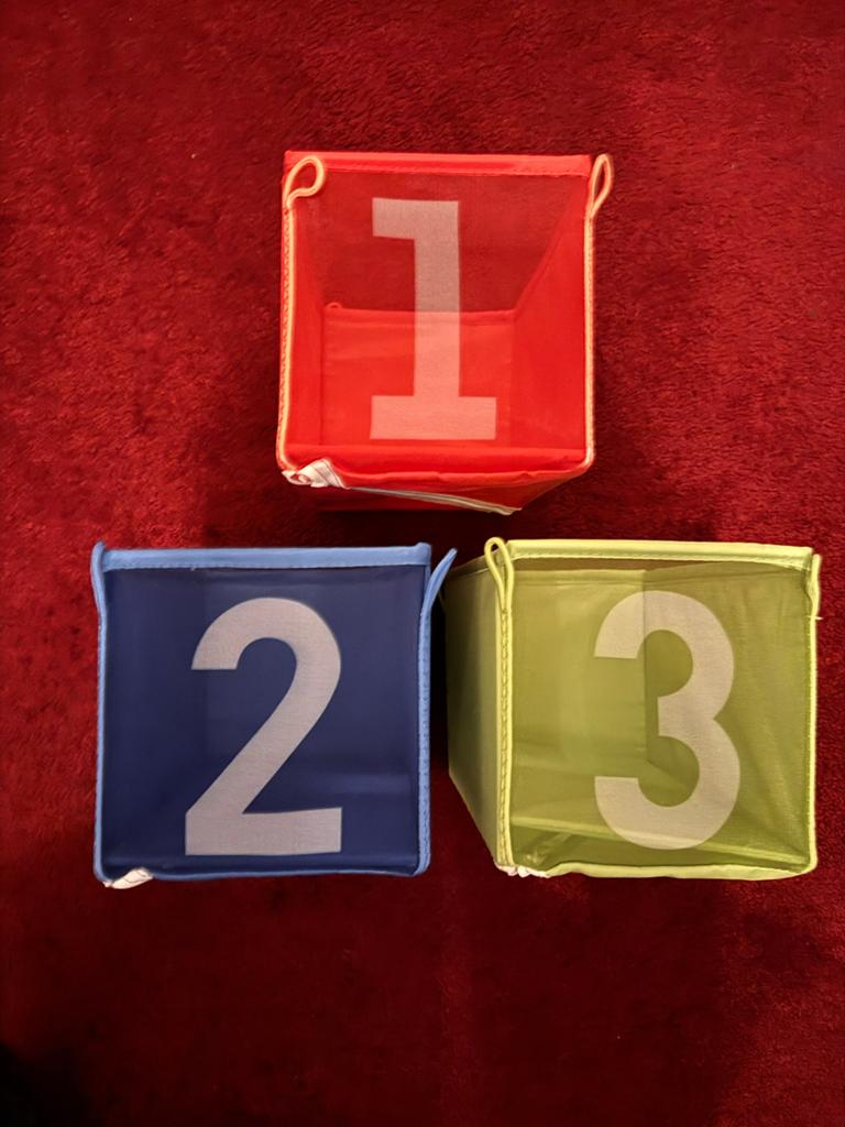 Kleine Ikea opbergbakken van stof (set van 3), Huis en Inrichting, Woonaccessoires | Overige, Ophalen, Gebruikt, Meerkleurig, Textiel