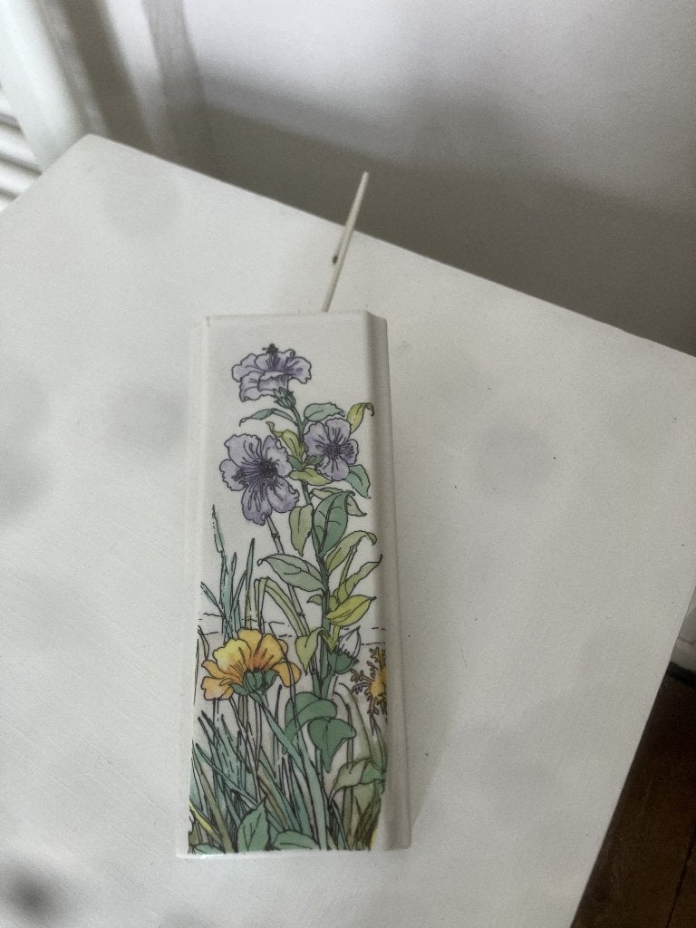 Vintage radiator waterverdamper met paarse en gele bloemen, Ophalen of Verzenden