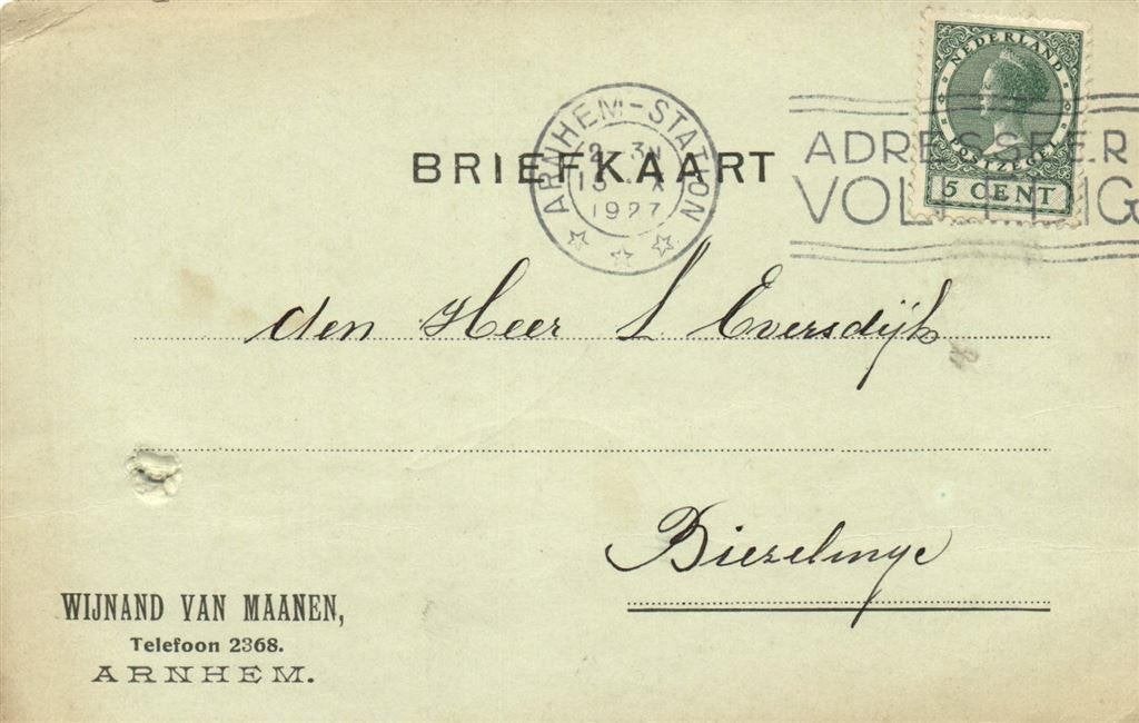 Wijnand van Maanen, Arnhem - 10.1927 - briefkaart, Ophalen of Verzenden, Briefkaart