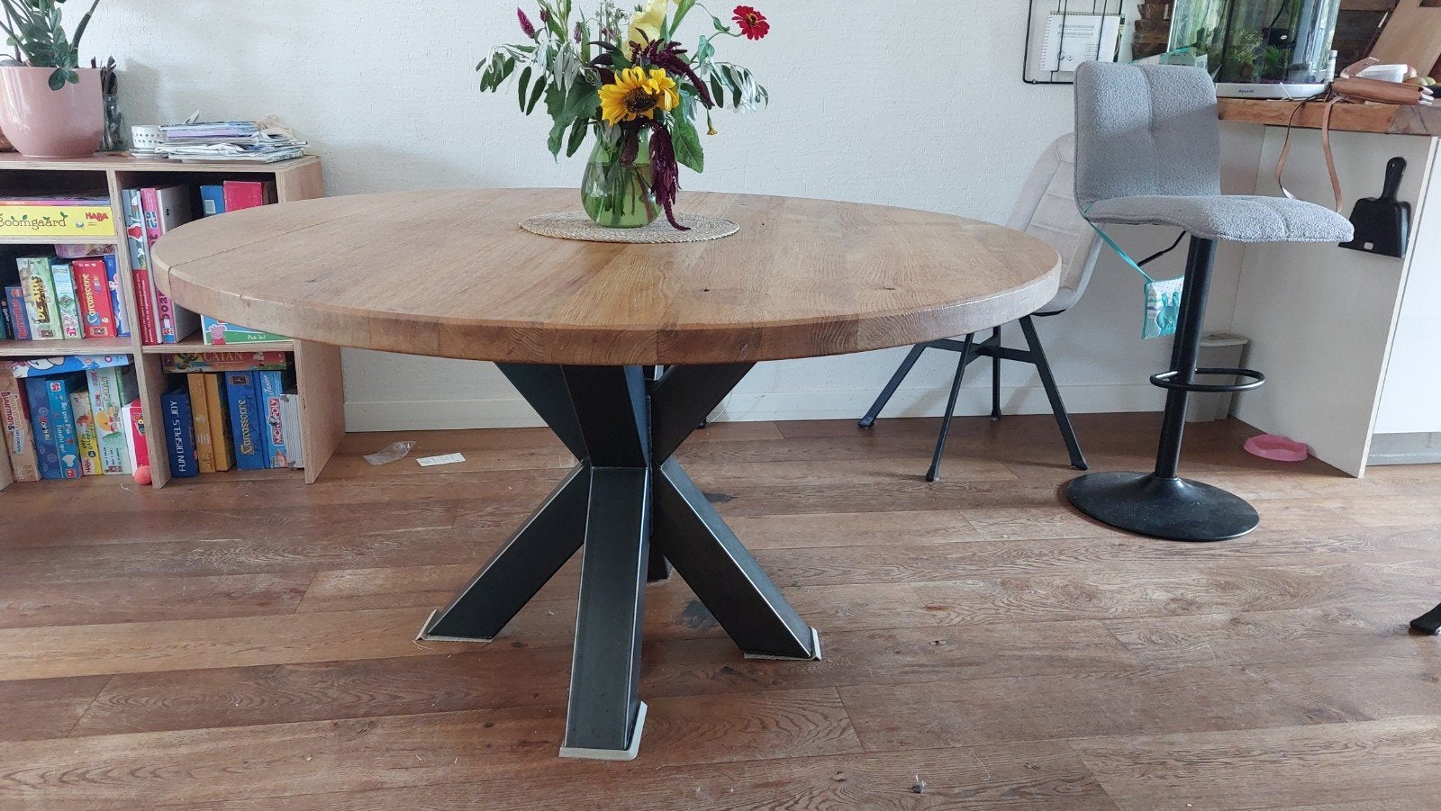 Eiken houten tafel 140 cm (massief, geborsteld), Huis en Inrichting, Ophalen, Gebruikt, Rond, 100 tot 150 cm