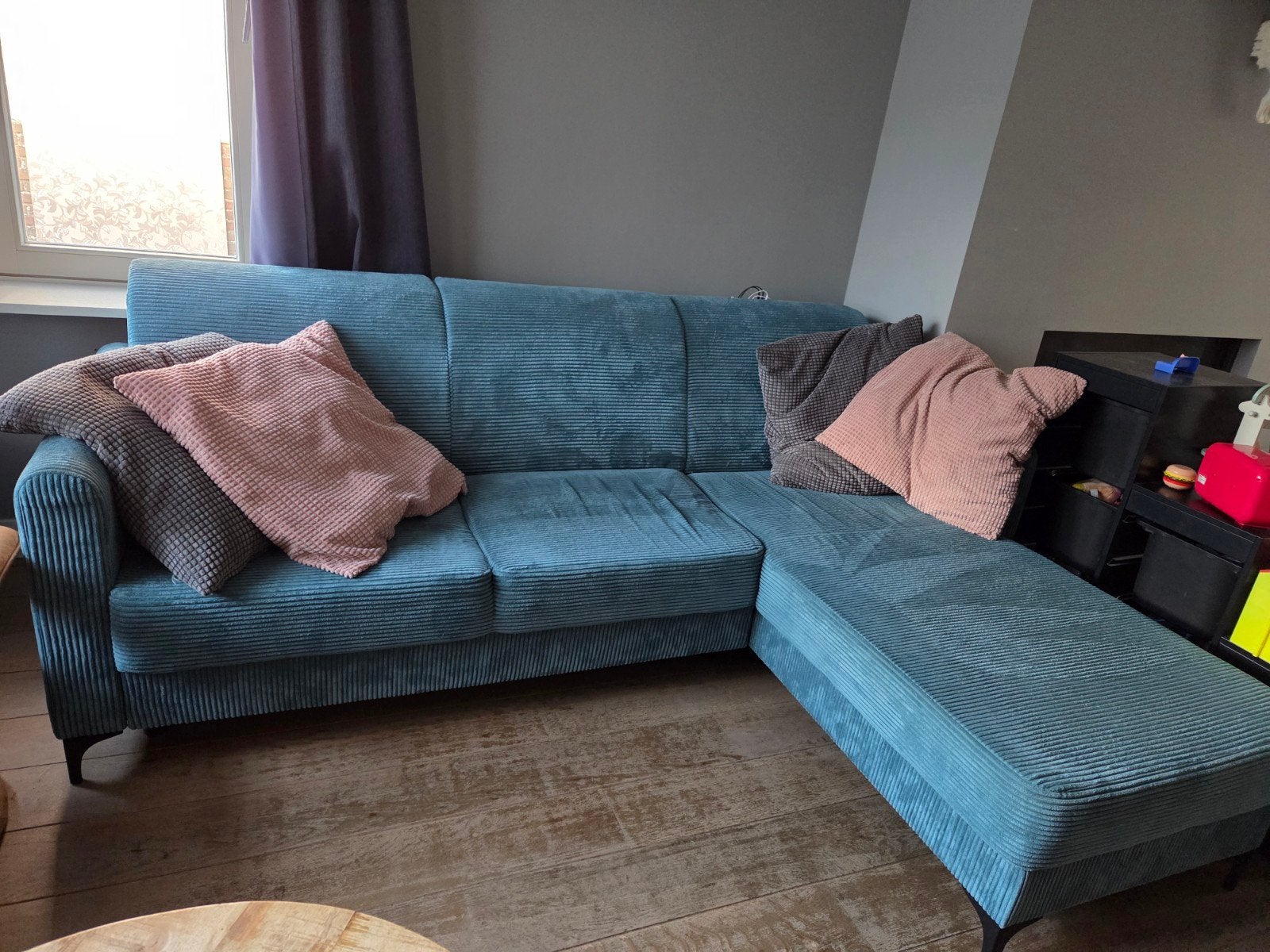 Comfortabele hoekbank met chaise longue - ribstof, Ophalen, 250 tot 300 cm, Gebruikt, Vierpersoons of meer