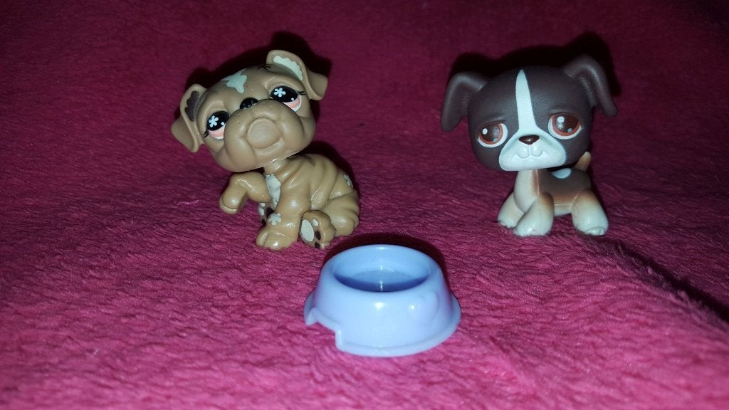 LPS, Littlest Pet Shop, 2 bruine hondjes en voerbak. 4A12