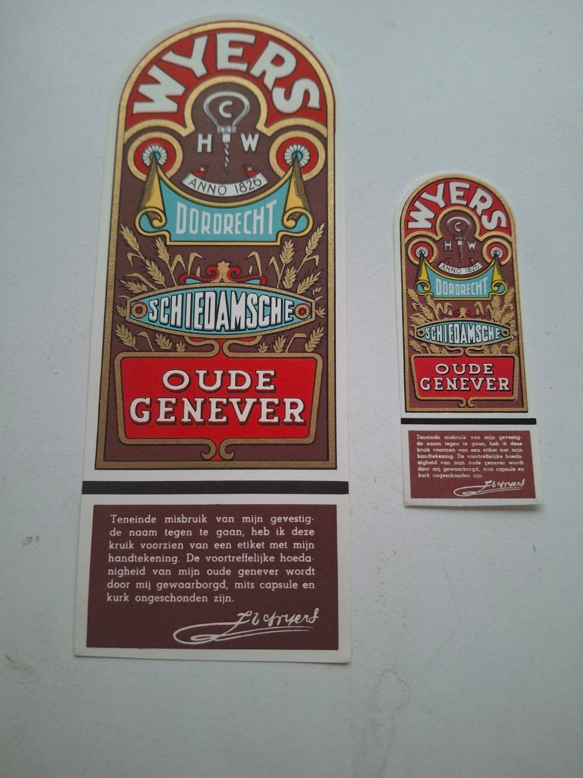 2 jenever etiketten Wyers Dordrecht, Verzamelen, Ophalen of Verzenden, Zo goed als nieuw, Overige typen