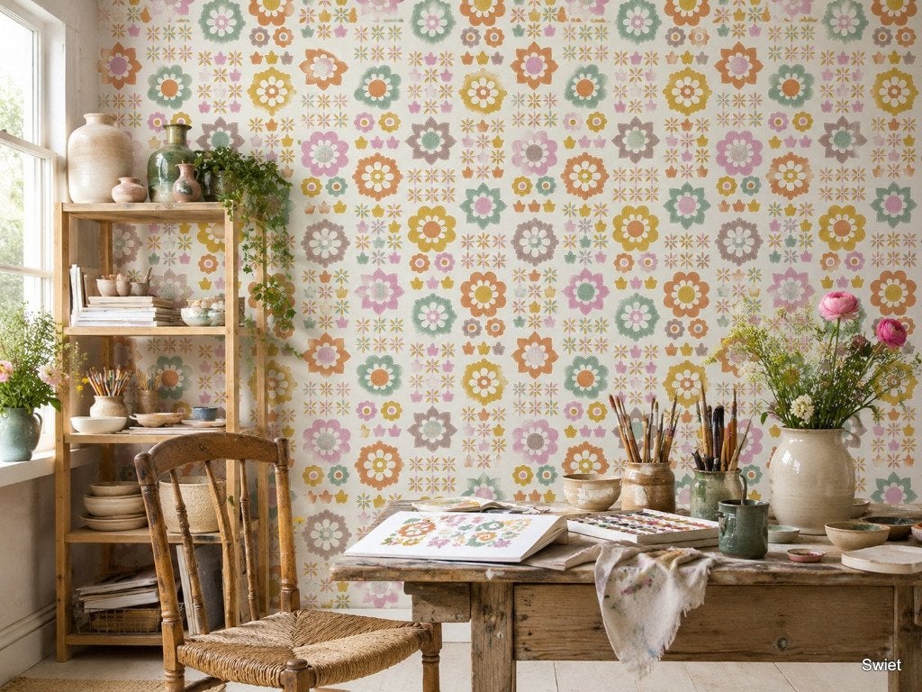 7761 vrolijk bloemen vintage behang pastel retro 70s swiet, Verzenden, Oranje