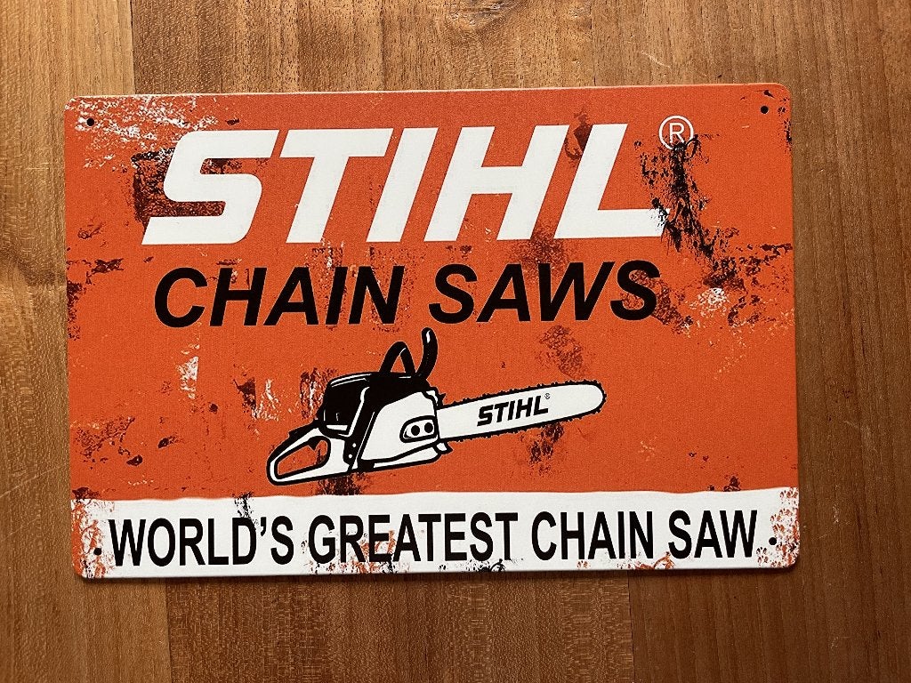 Stihl Chain Saws metalen reclamebord (Old Look), Www.pand50.nl, Reclamebord, Nieuw, Ophalen of Verzenden