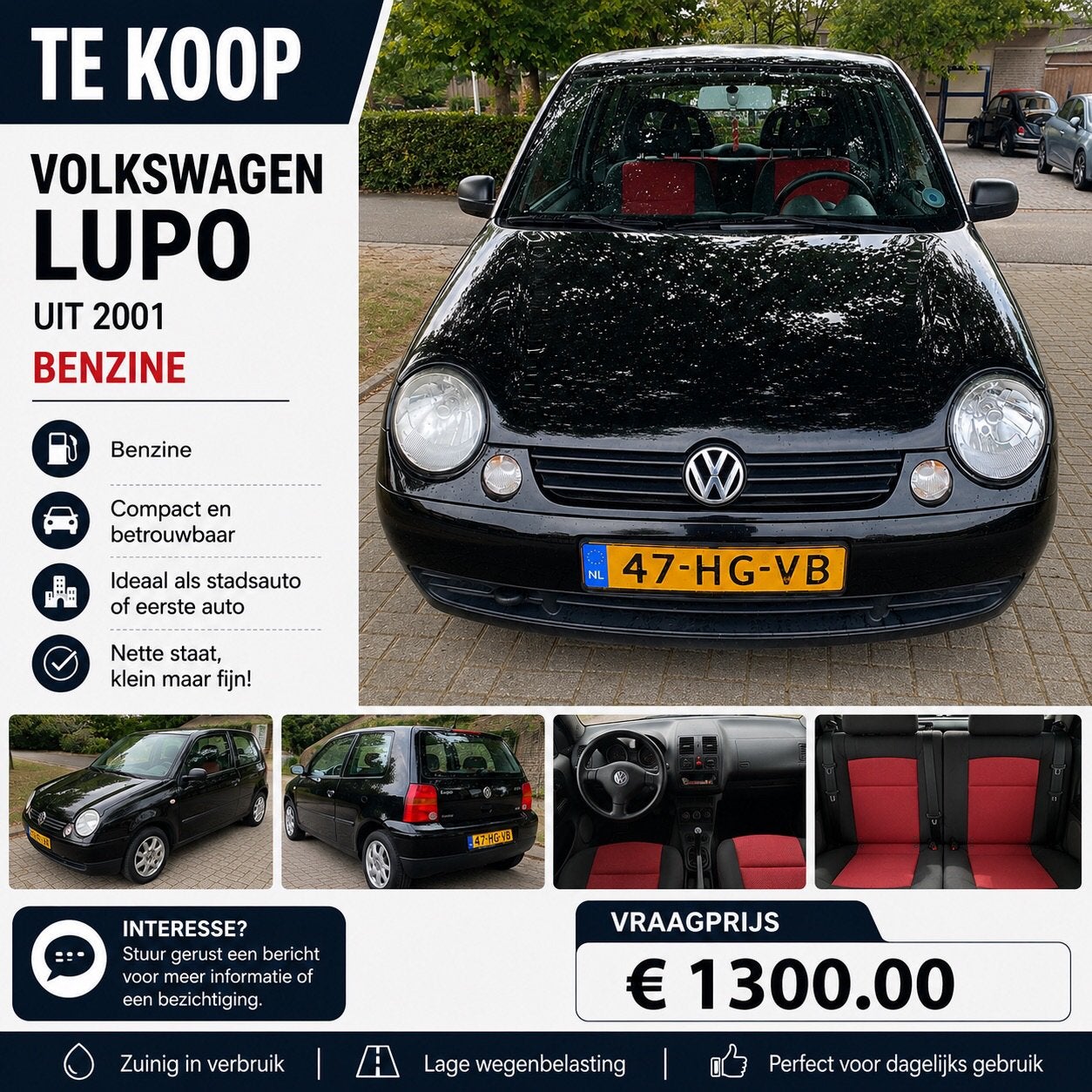 Volkswagen Lupo 1.4 44KW 2001 Zwart, Voorwielaandrijving, 450 kg, 31 €/maand, 4 cilinders