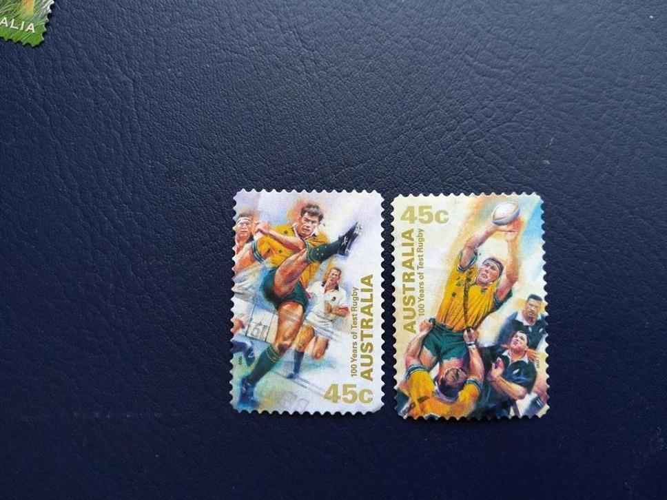 Australië: 100 Jaar Test Rugby Postzegels (2 stuks), Ophalen of Verzenden