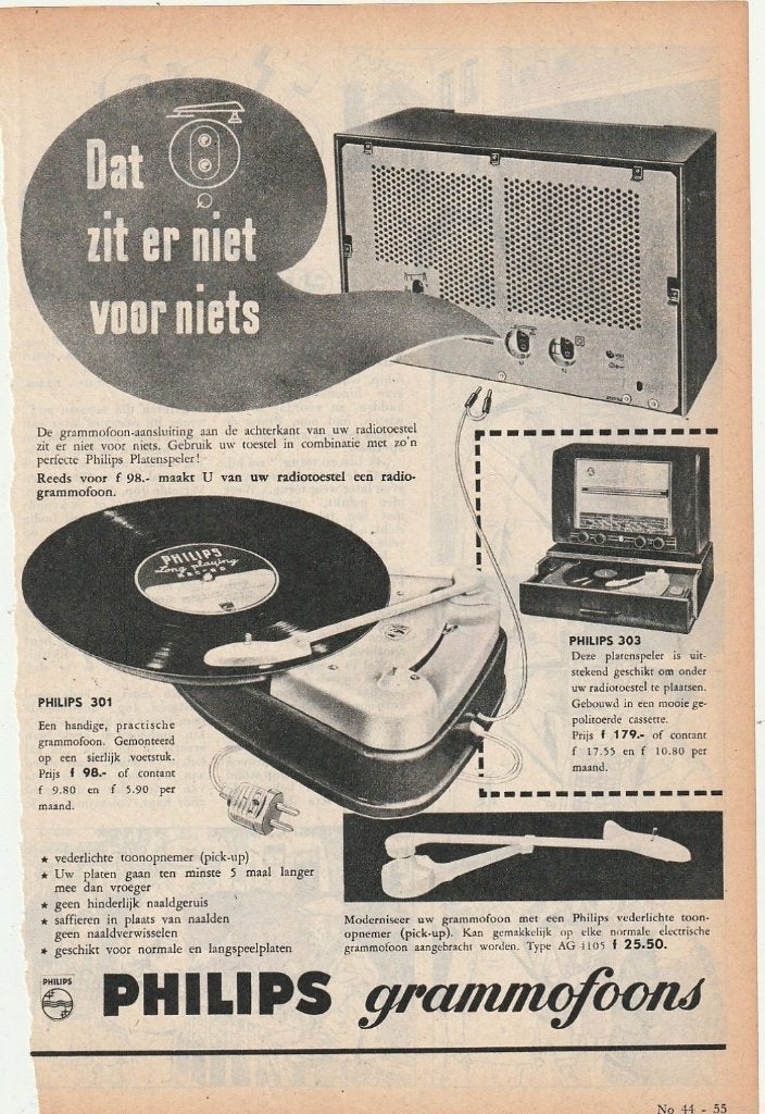 Retro reclame 1955 Philips platenspeler types 301 en 303, Verzenden, Overige typen