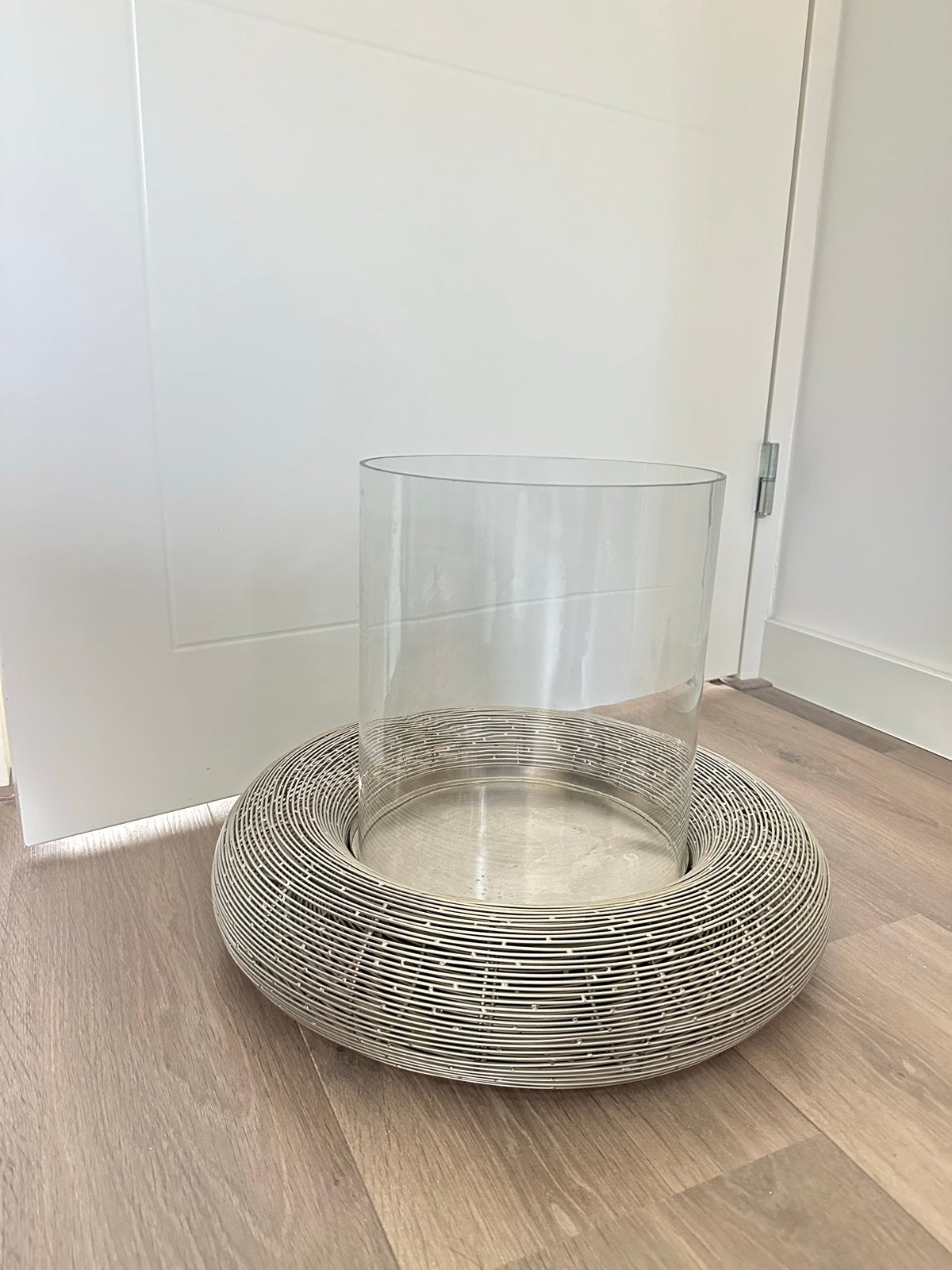 Moderne windlicht/decoratie met glazen cilinder, Ophalen, Zo goed als nieuw, Zilver, Metaal