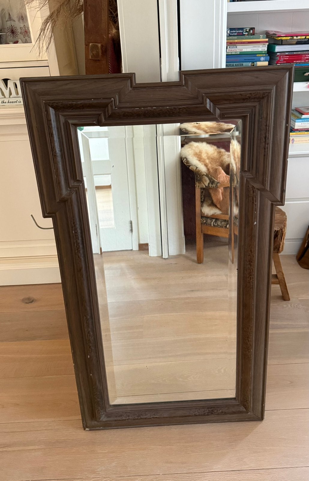 Antieke houten spiegel met facet geslepen glas, Ophalen, Rechthoekig, 50 tot 100 cm, 100 tot 150 cm
