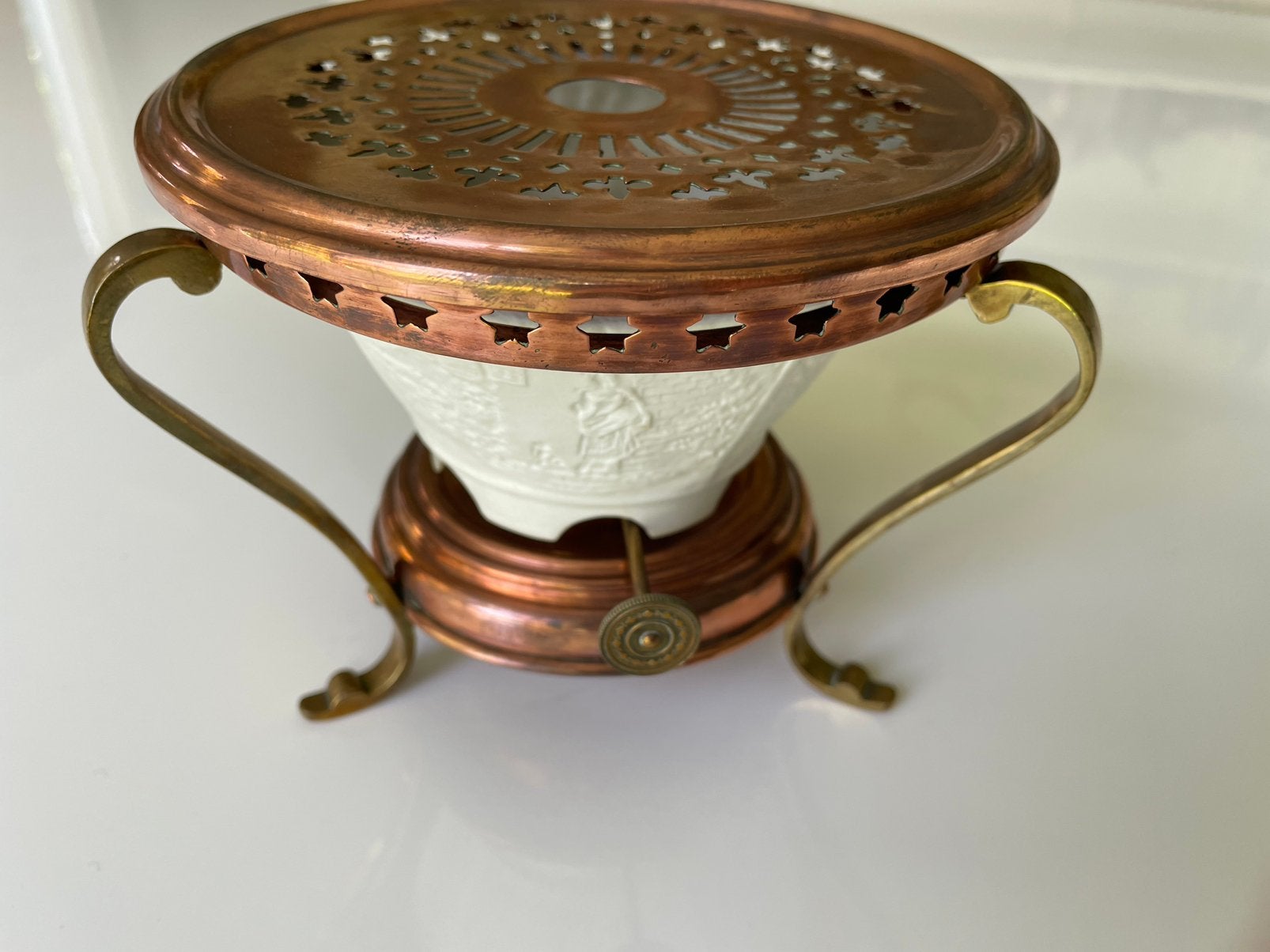 Rood Koperen Theelichtje met biscuit porselein glas., Ophalen of Verzenden, Koper