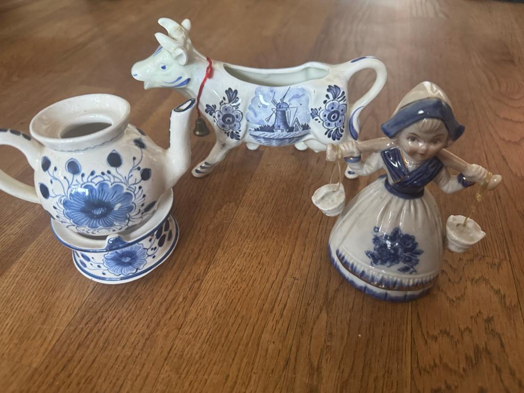 Delfts Blauw decoratie set: koe, melkmeisje en theepotje, Ophalen of Verzenden