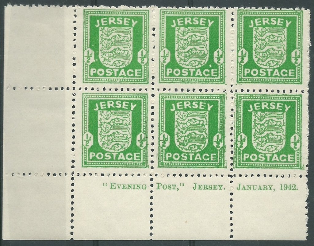 JERSEY 1941-43 ½d. Arms, imprint block of 6, thick paper,, Verzenden, Postfris